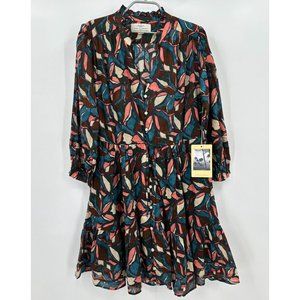 Trovata Birds of Paradis Yulia Mini Dress sz M Tiered Long Sleeve Laurel Leaf